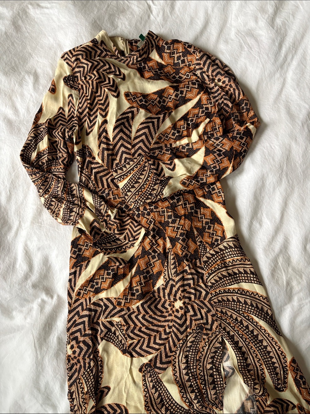 FARM Rio Cream, Brown & Tan Long Sleeve Printed Maxi Dress
